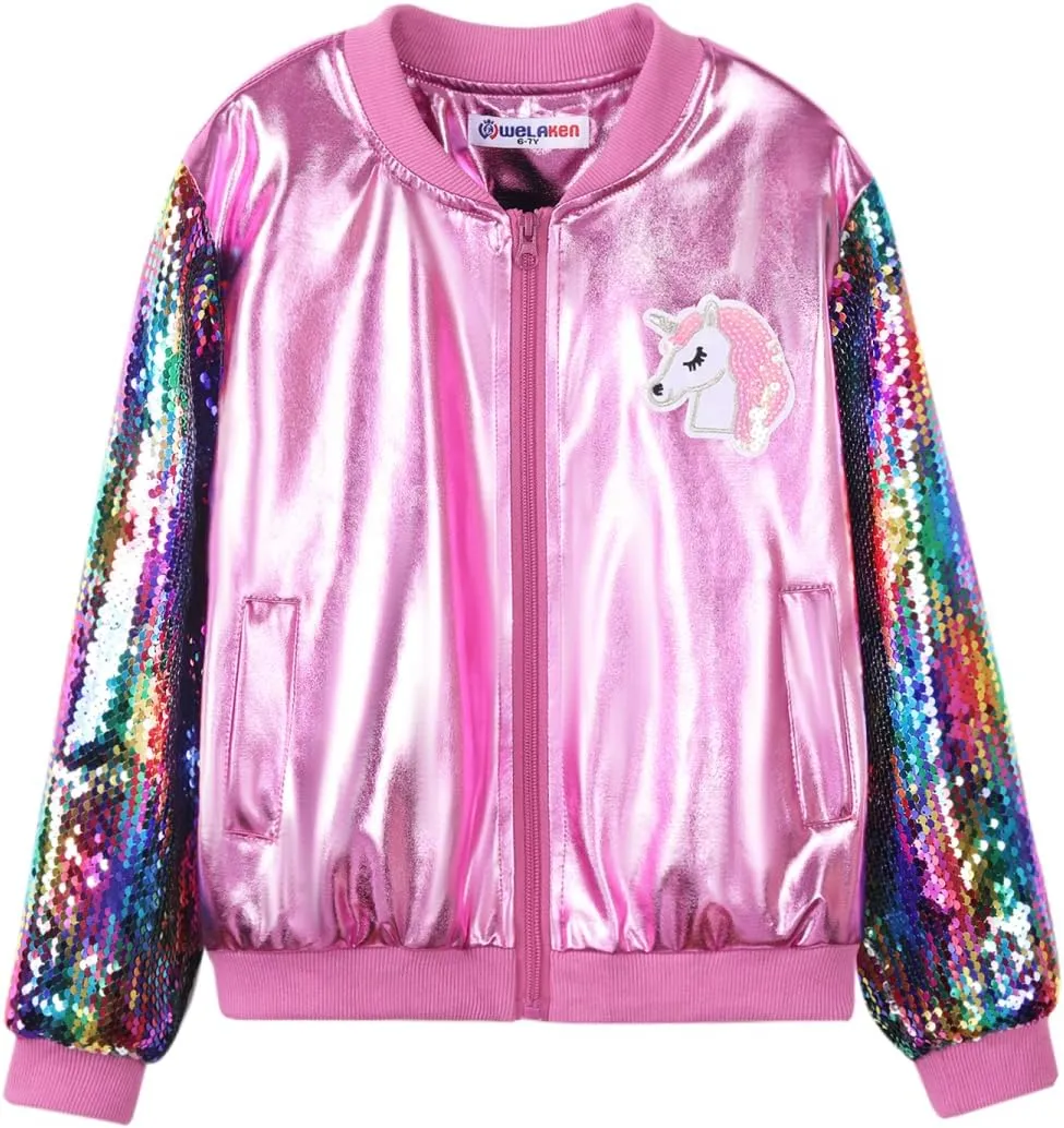 WELAKEN Uniocrn Bomber Jacket With Sparkly Sleeve For Girls, Toddler & Kids Sequin Lightweight Flight Jacket