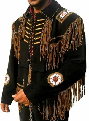 Western Cowboy Suede Leather Jacket for Men Native American Coat with Fringed & Beads-Black