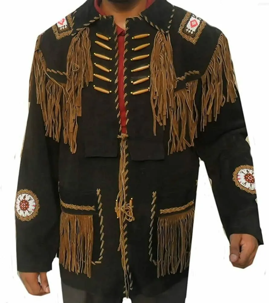 Western Cowboy Suede Leather Jacket for Men Native American Coat with Fringed & Beads-Black