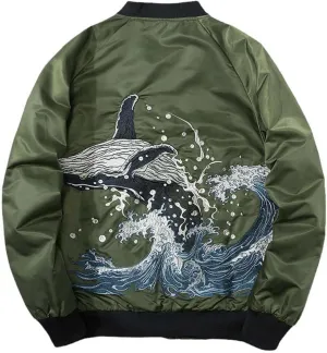 Whale Embroidered Jacket Men Spring Cotton Padded Ma-1 Thick Coat Baseball Male Coats Winter Japanese Sukajan