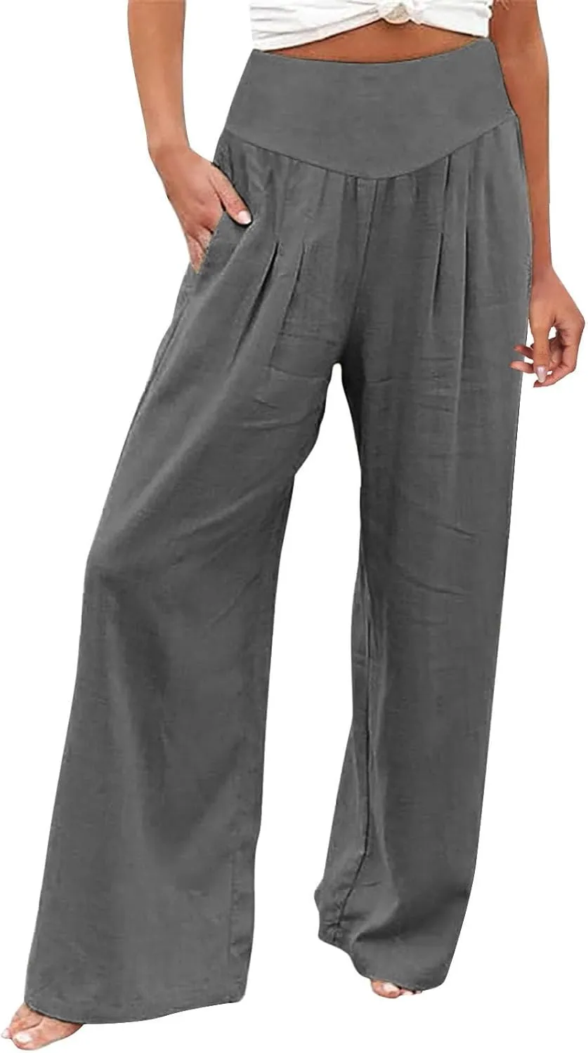 Wide Leg Cotton Pants for Women High Waist Wide Leg Loose Palazzo Beach Pants High Waist Plus Size Lounge Palazzo Trousers