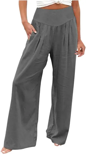 Wide Leg Cotton Pants for Women High Waist Wide Leg Loose Palazzo Beach Pants High Waist Plus Size Lounge Palazzo Trousers