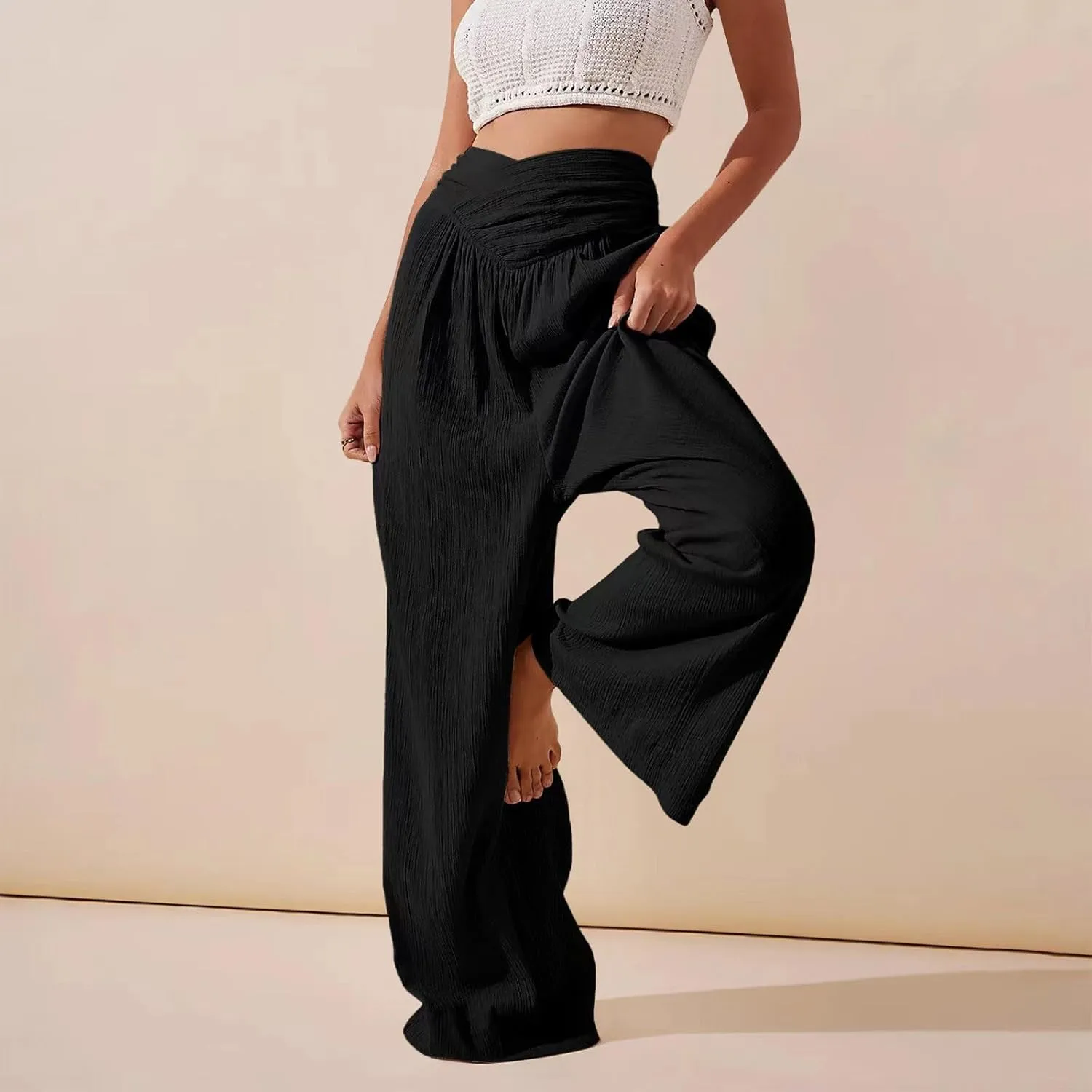 Wide Leg Palazzo Pants for Women Cotton Linen Crossover High Waisst Dressy Trousers with Pockets Lightweight Loose Yoga Pants