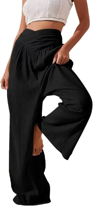 Wide Leg Palazzo Pants for Women Cotton Linen Crossover High Waisst Dressy Trousers with Pockets Lightweight Loose Yoga Pants