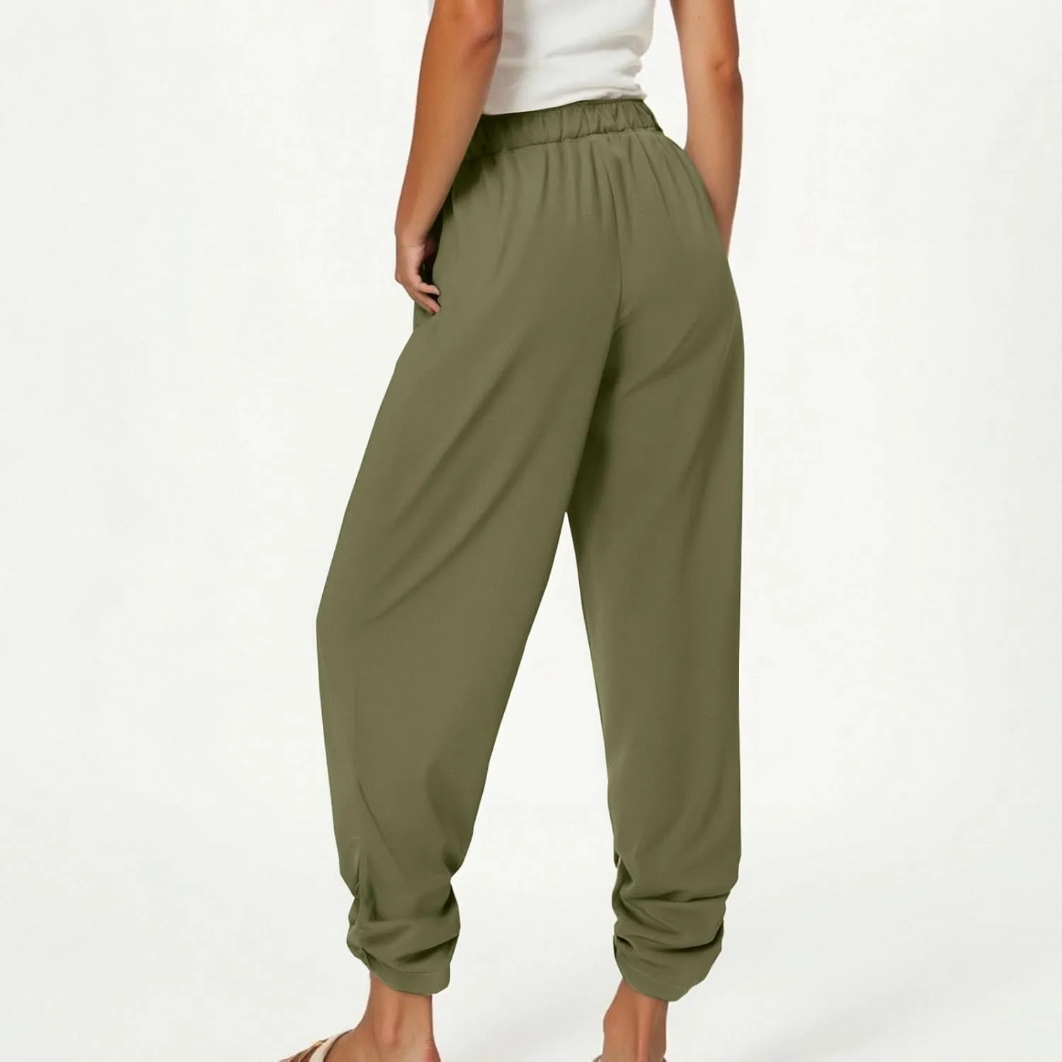 Wide Leg Pants Women Casual Pleated Cotton Linen Trousers Elastic High Waisted Fashion Y2K Long Pant with Pockets