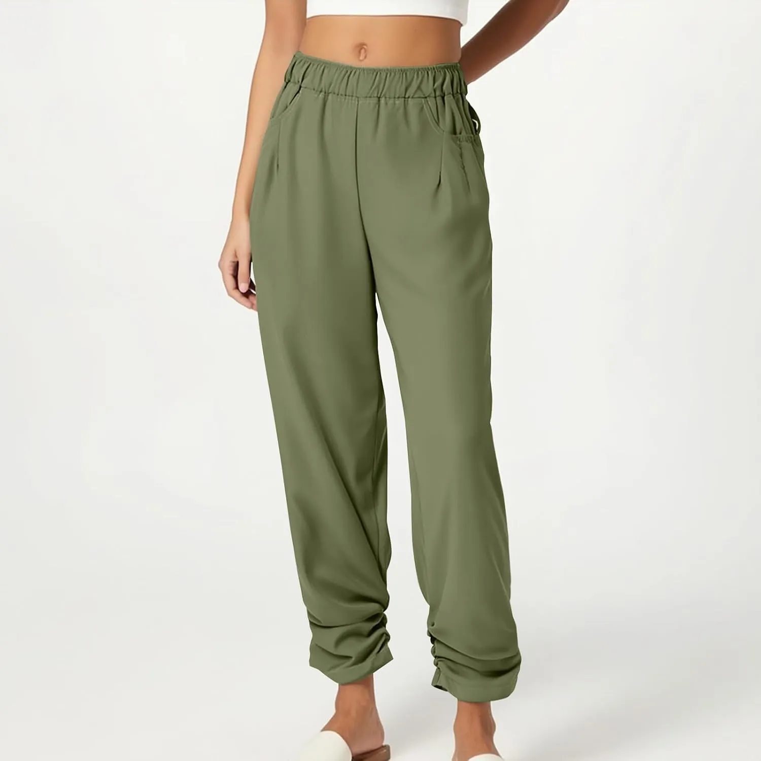 Wide Leg Pants Women Casual Pleated Cotton Linen Trousers Elastic High Waisted Fashion Y2K Long Pant with Pockets