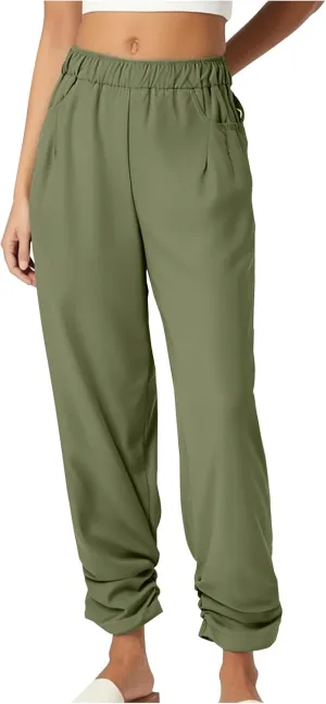 Wide Leg Pants Women Casual Pleated Cotton Linen Trousers Elastic High Waisted Fashion Y2K Long Pant with Pockets
