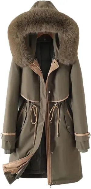 Woman Parker Cotton-Padded Jacket Long Liner Detachable Coat Waist Thick Warm Cotton-Padded Jacket Outwear Army EN8 XXL