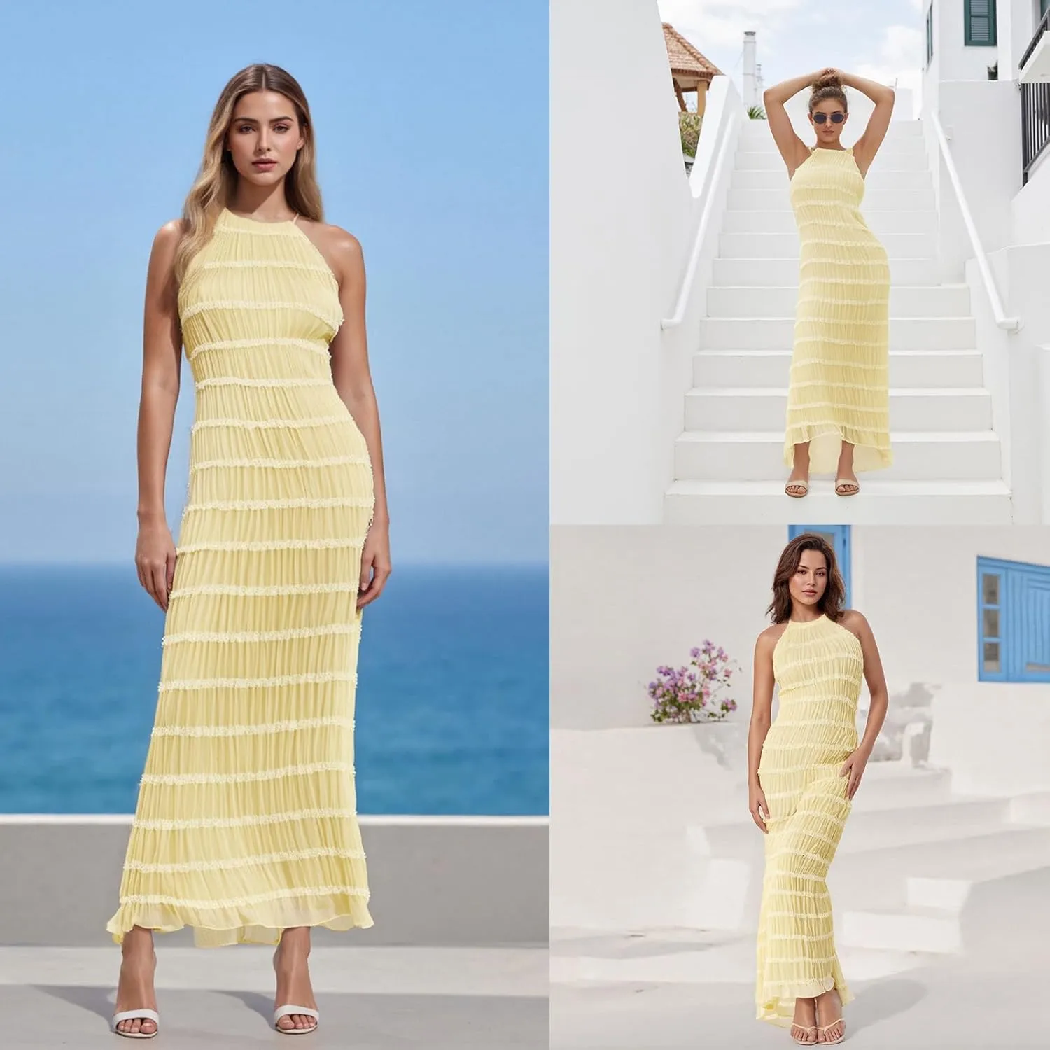 Women Backless Smocked Maxi Dress Sexy Spaghetti Strap Cut Out Flowy Beach Long Dress Vacation Casual Sundresses