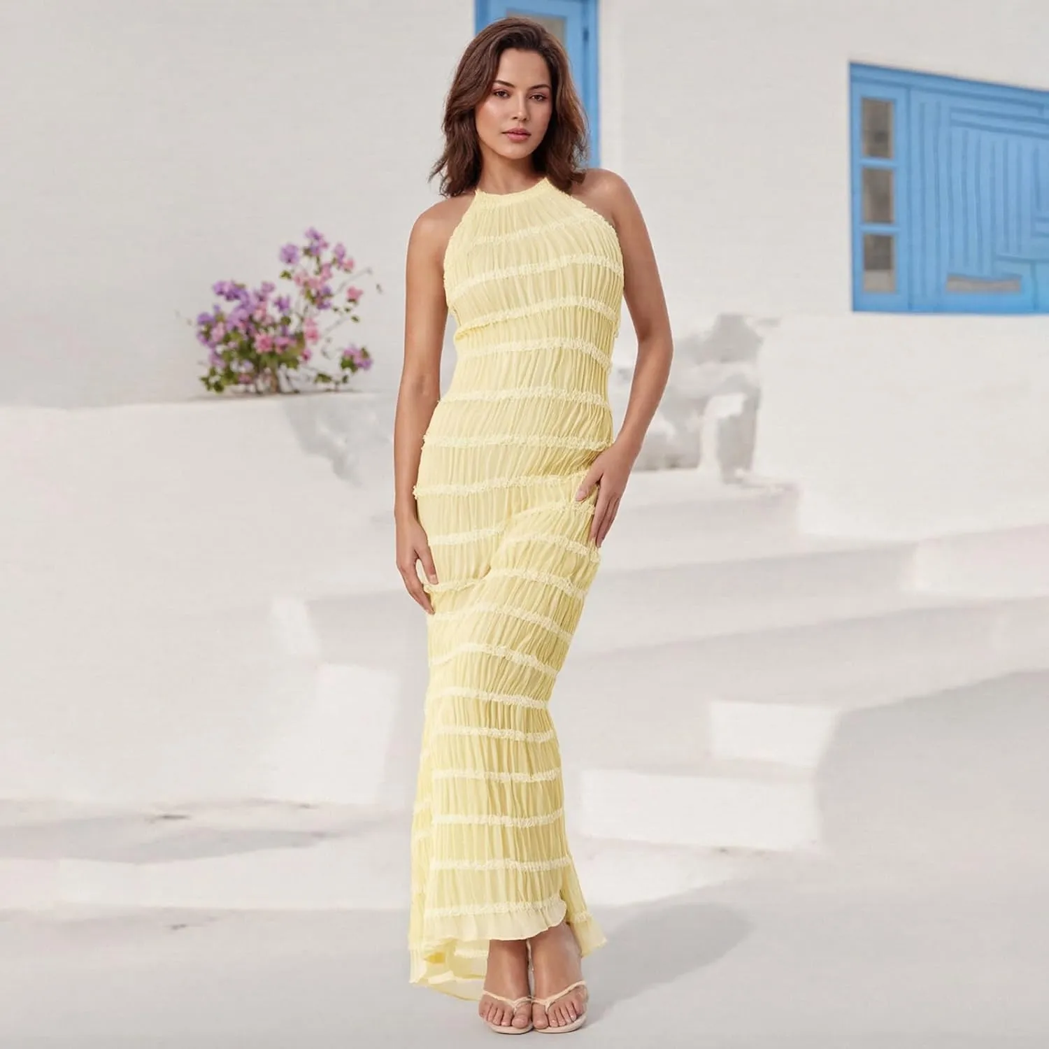 Women Backless Smocked Maxi Dress Sexy Spaghetti Strap Cut Out Flowy Beach Long Dress Vacation Casual Sundresses