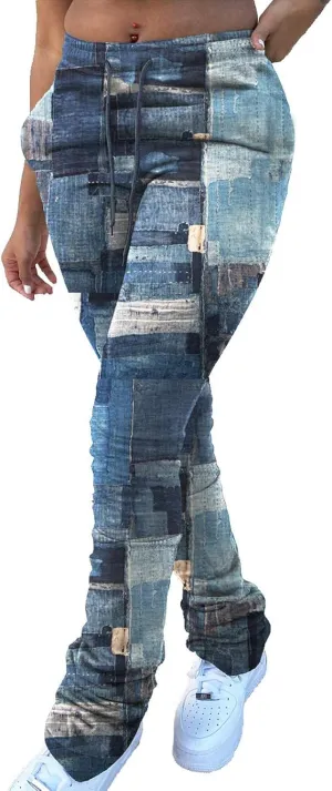 Women Casual Jeans Print Trousers High Waist Drawstring Stacked Pants Vintage Stretch Palazzo Trousers