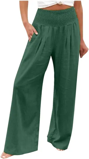 Women Cotton Linen Capri Pants Summer High Waisted Palazzo Pants Wide Leg Long Lounge Pant Trousers with Pocket