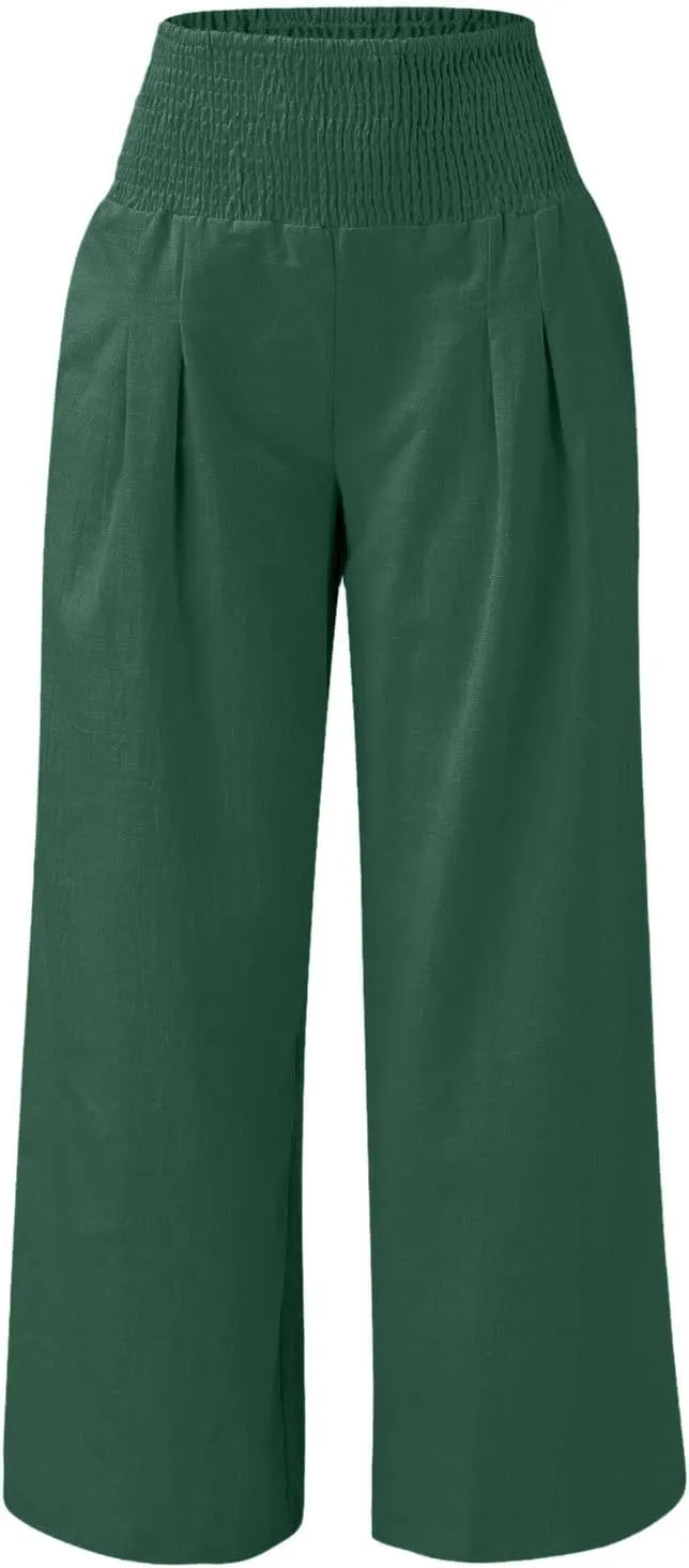 Women Cotton Linen Capri Pants Summer High Waisted Palazzo Pants Wide Leg Long Lounge Pant Trousers with Pocket