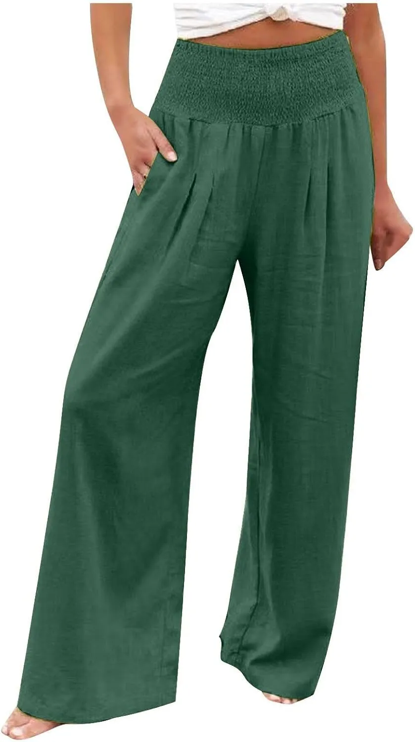 Women Cotton Linen Capri Pants Summer High Waisted Palazzo Pants Wide Leg Long Lounge Pant Trousers with Pocket