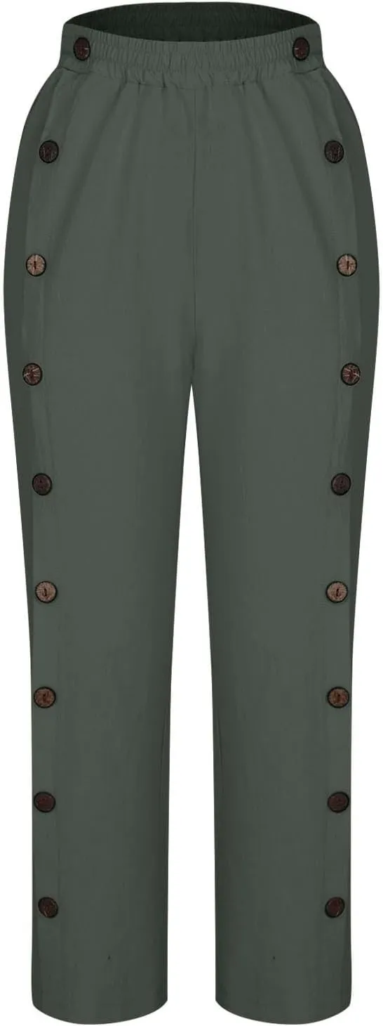 Women Cotton Linen Pants Side Button Casaul Summer Wide Leg Pant Elastic High Waist Straight Trousers 2025 Trendy