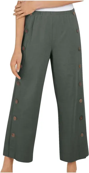 Women Cotton Linen Pants Side Button Casaul Summer Wide Leg Pant Elastic High Waist Straight Trousers 2025 Trendy