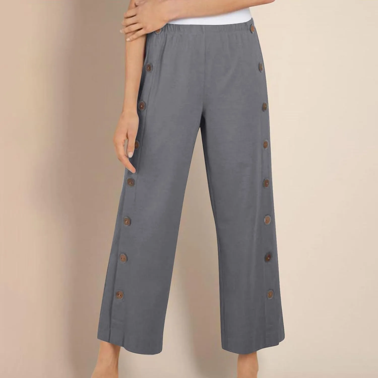 Women Cotton Linen Pants Side Button Casaul Summer Wide Leg Pant Elastic High Waist Straight Trousers 2025 Trendy