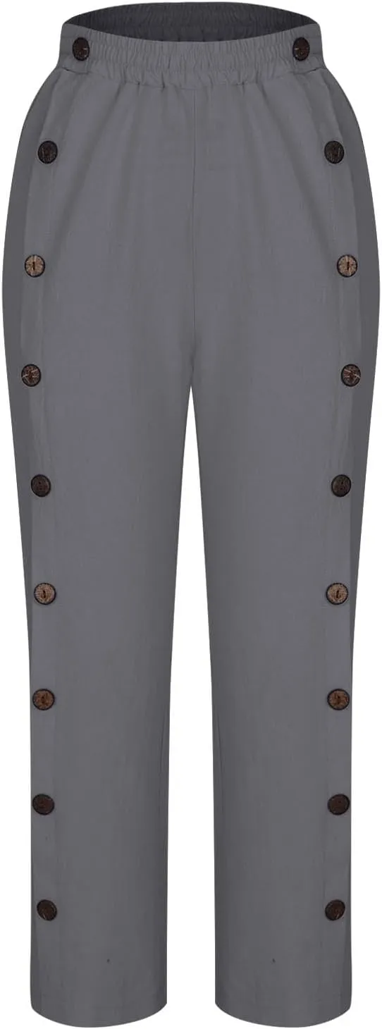 Women Cotton Linen Pants Side Button Casaul Summer Wide Leg Pant Elastic High Waist Straight Trousers 2025 Trendy