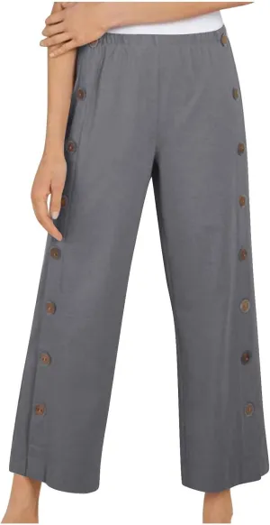 Women Cotton Linen Pants Side Button Casaul Summer Wide Leg Pant Elastic High Waist Straight Trousers 2025 Trendy
