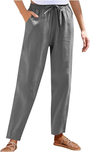 Women Cotton Linen Pants Summer Drawstring Elastic Waist Straight Trousers Casual Wide Leg Beach Pants with Pockets