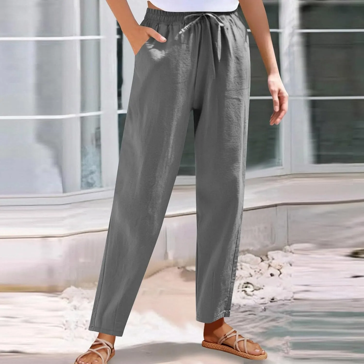 Women Cotton Linen Pants Summer Drawstring Elastic Waist Straight Trousers Casual Wide Leg Beach Pants with Pockets