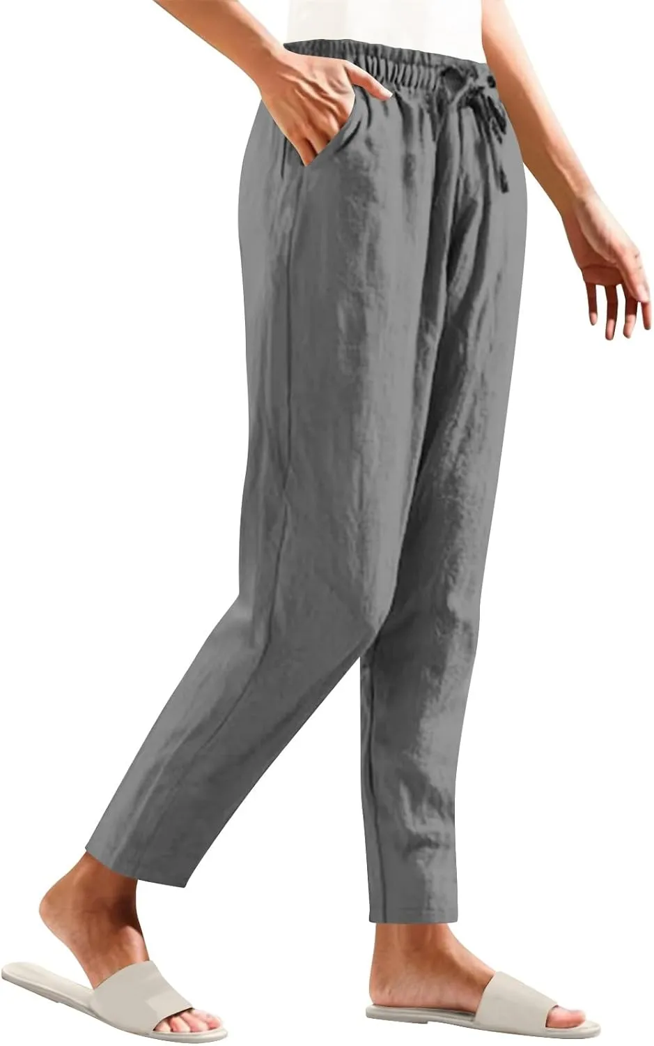 Women Cotton Linen Pants Summer Drawstring Elastic Waist Straight Trousers Casual Wide Leg Beach Pants with Pockets