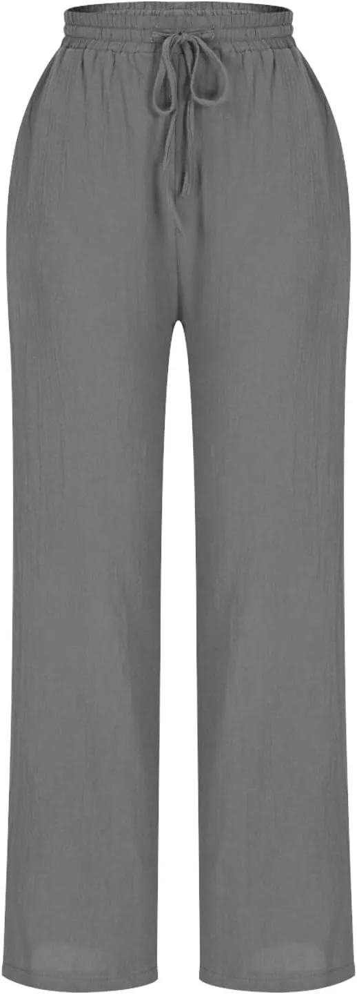 Women Cotton Linen Pants Summer Drawstring Elastic Waist Straight Trousers Casual Wide Leg Beach Pants with Pockets