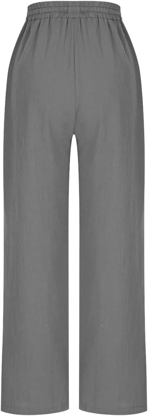 Women Cotton Linen Pants Summer Drawstring Elastic Waist Straight Trousers Casual Wide Leg Beach Pants with Pockets