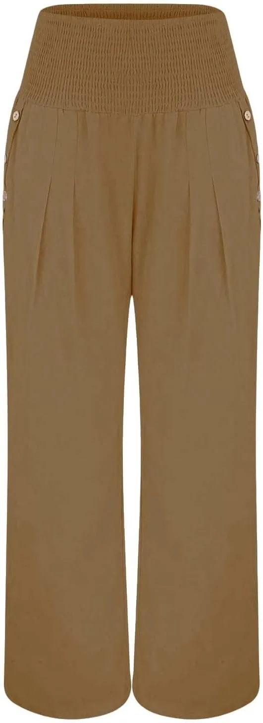 Women Cotton Linen Summer Boho Pants High Waist Straight Slim-Fit Pant Trousers Work Business