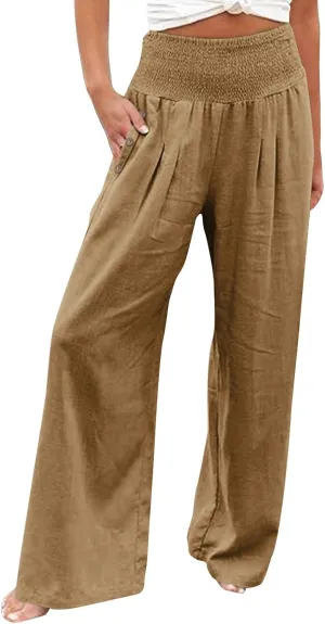 Women Cotton Linen Summer Boho Pants High Waist Straight Slim-Fit Pant Trousers Work Business