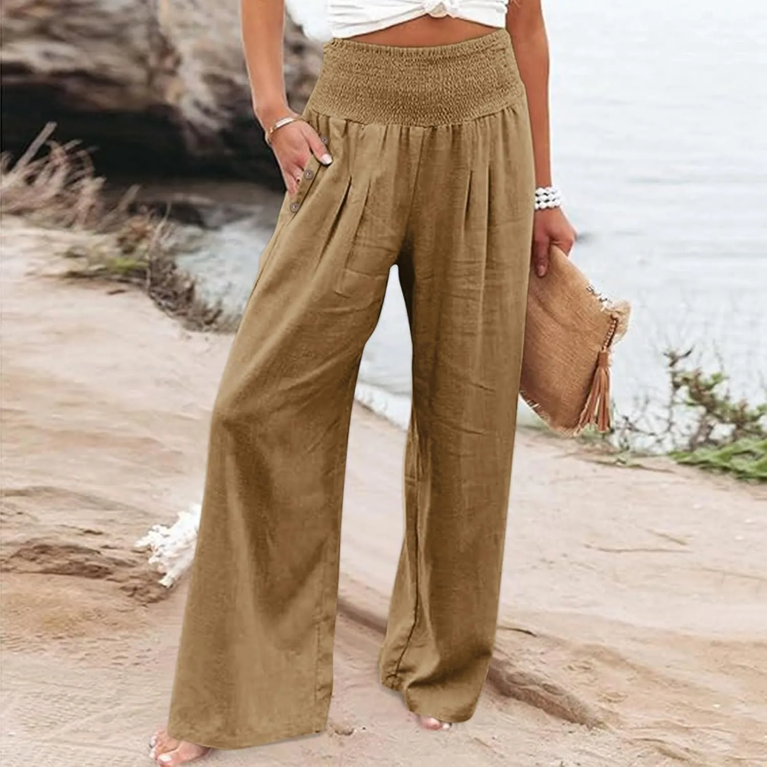 Women Cotton Linen Summer Boho Pants High Waist Straight Slim-Fit Pant Trousers Work Business