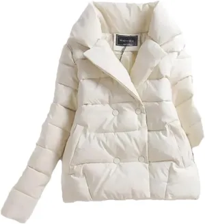 Women Down Cotton-Padded Jacket Short Suit Collar Outerwear solid Colour Long Sleeve Coat Beige L