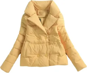 Women Down Cotton-Padded Jacket Short Suit Collar Outerwear solid Colour Long Sleeve Coat yellow L