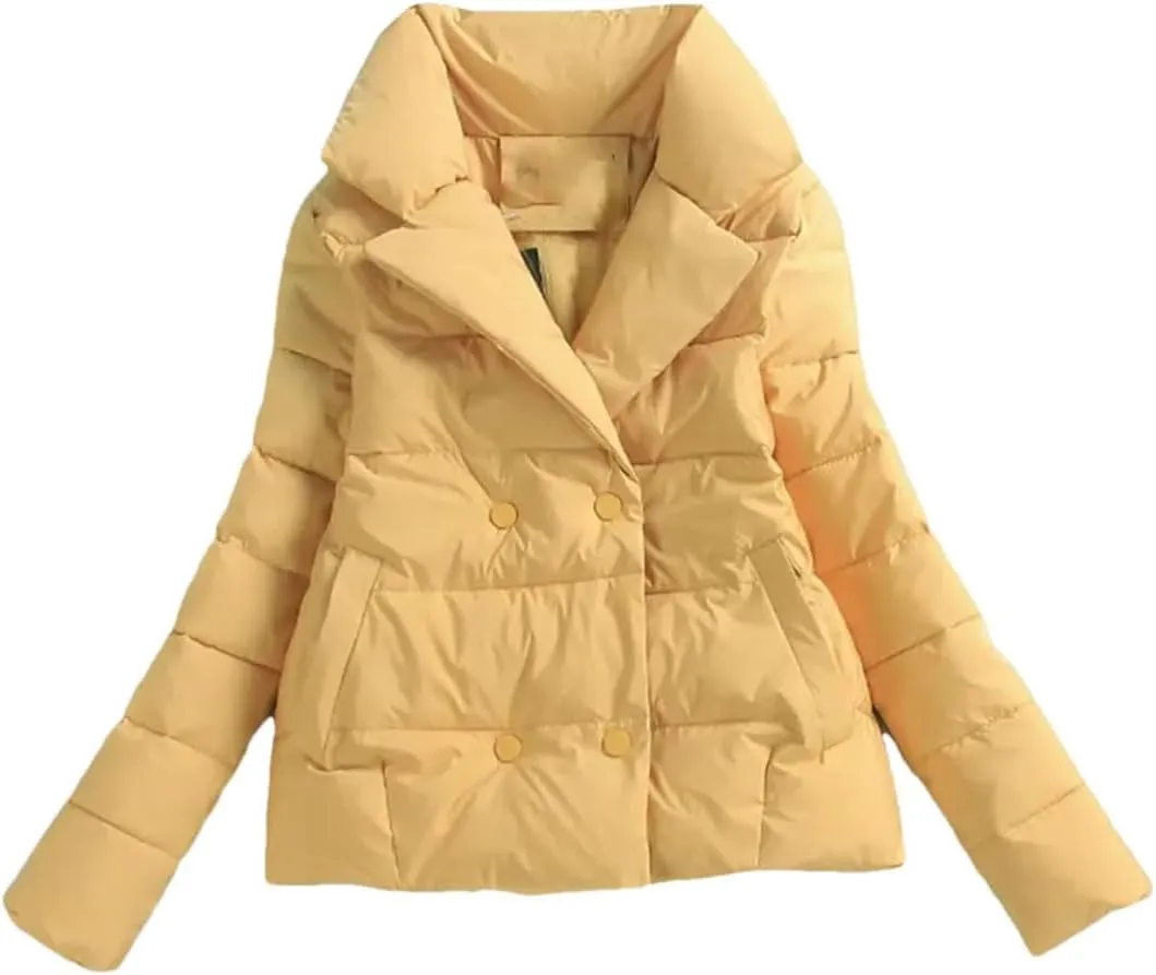 Women Down Cotton-Padded Jacket Short Suit Collar Outerwear solid Colour Long Sleeve Coat yellow L