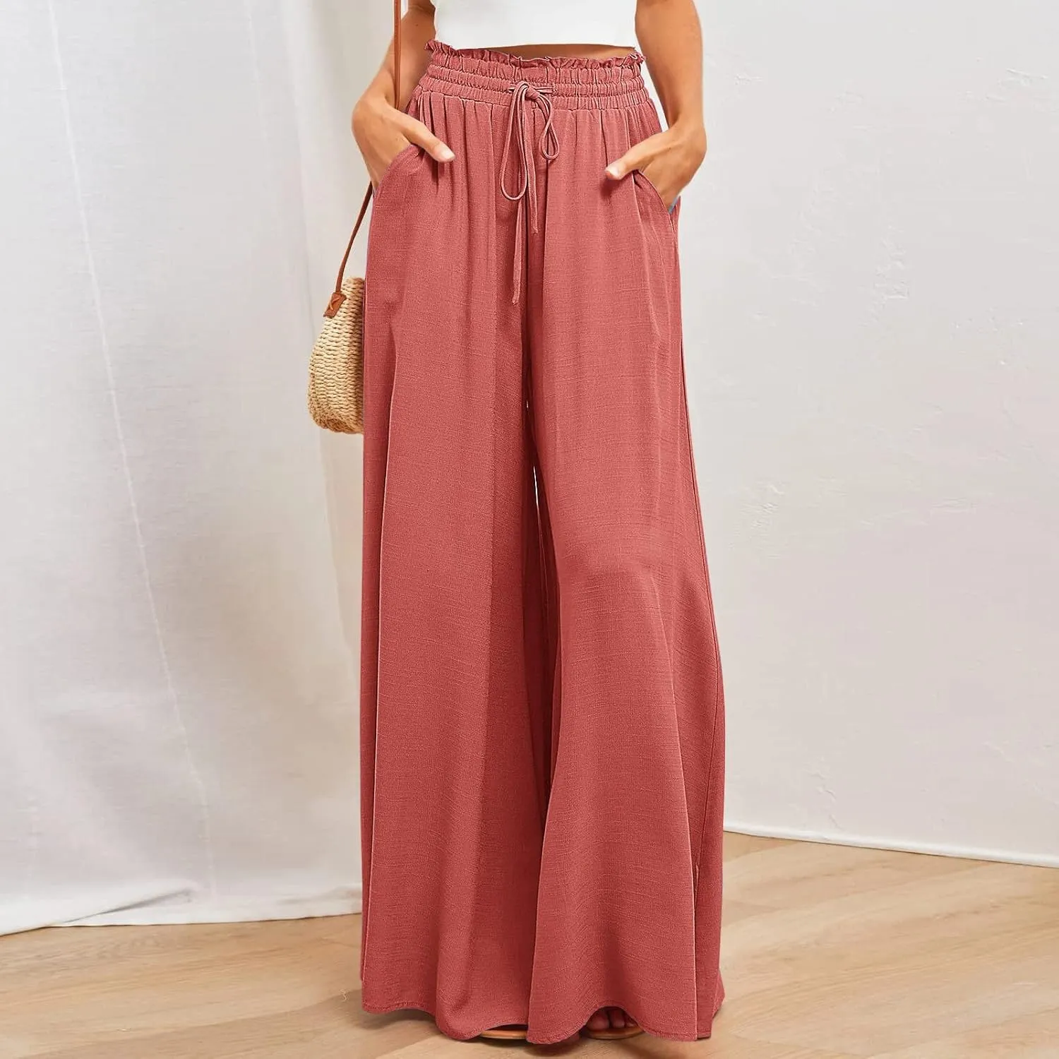 Women Flowy Pants Summer Fashion High Waisted Drawstring Wide Leg Casual Baggy Lightweight Breathable Solid Trosuers