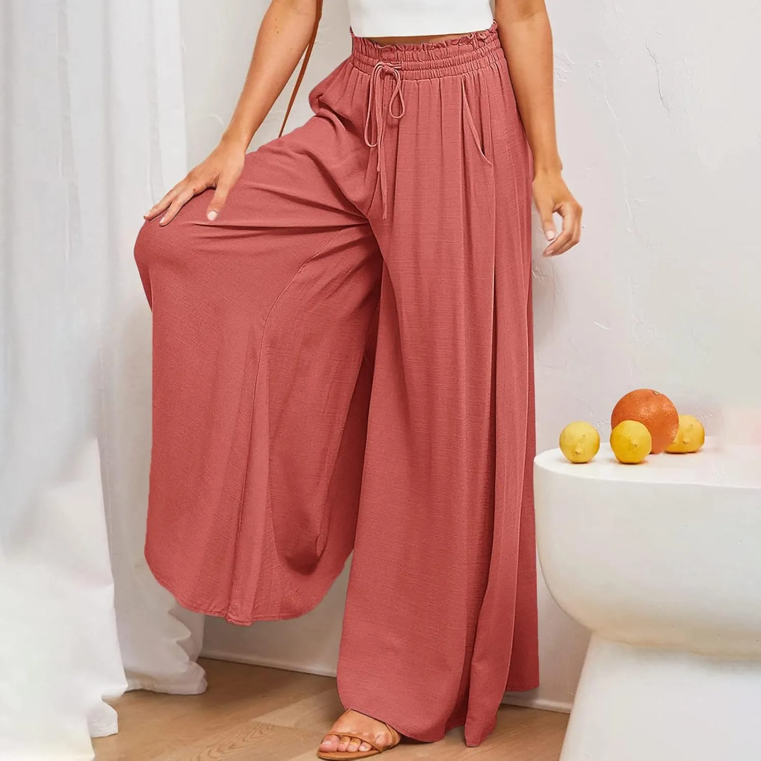Women Flowy Pants Summer Fashion High Waisted Drawstring Wide Leg Casual Baggy Lightweight Breathable Solid Trosuers