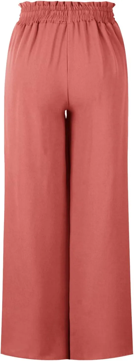 Women Flowy Pants Summer Fashion High Waisted Drawstring Wide Leg Casual Baggy Lightweight Breathable Solid Trosuers