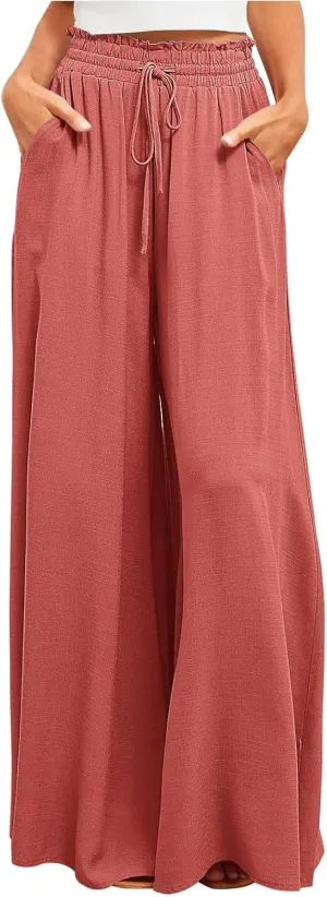 Women Flowy Pants Summer Fashion High Waisted Drawstring Wide Leg Casual Baggy Lightweight Breathable Solid Trosuers