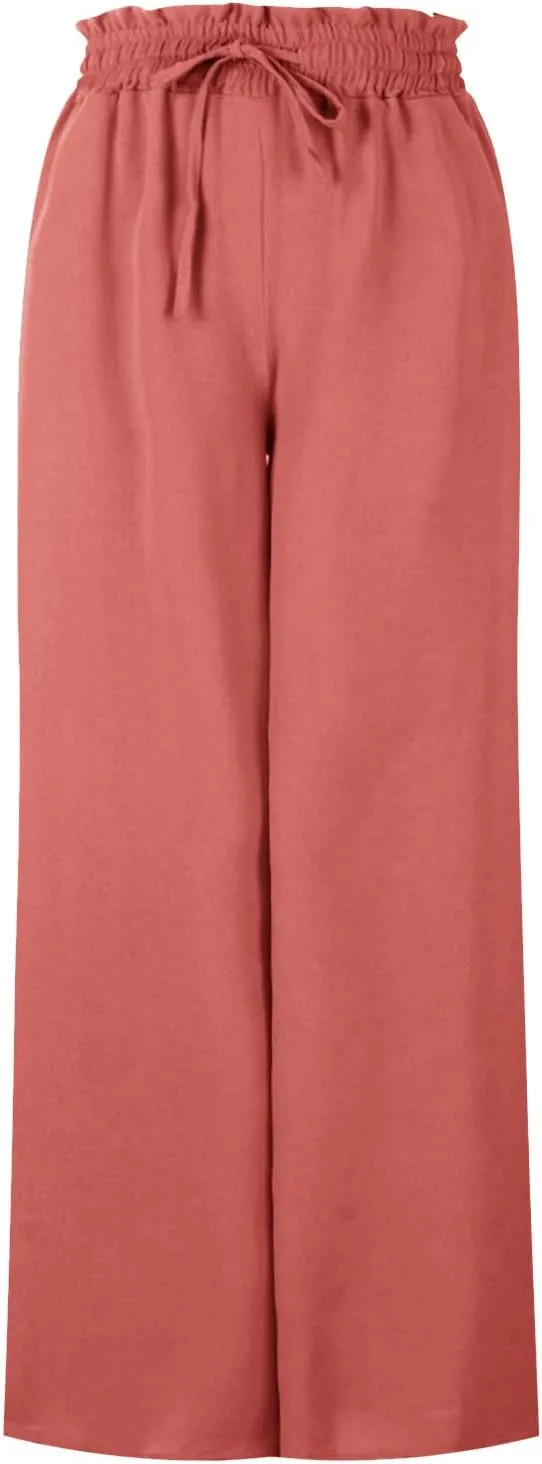 Women Flowy Pants Summer Fashion High Waisted Drawstring Wide Leg Casual Baggy Lightweight Breathable Solid Trosuers