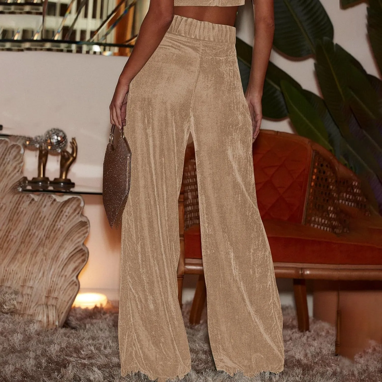Women Golden Velvet Wide Leg Pants Casual Solid Color Loose Pants High Waist Trousers
