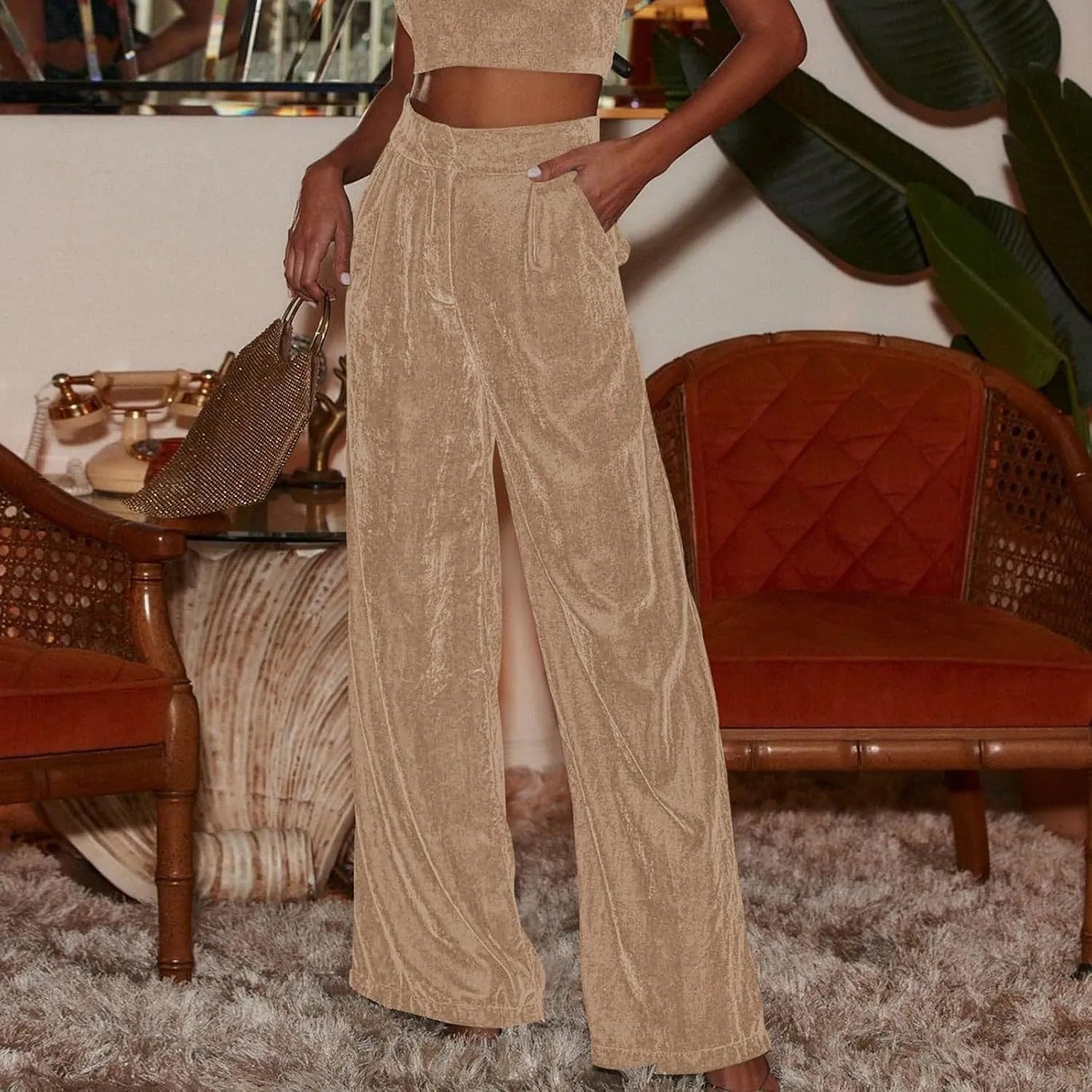 Women Golden Velvet Wide Leg Pants Casual Solid Color Loose Pants High Waist Trousers