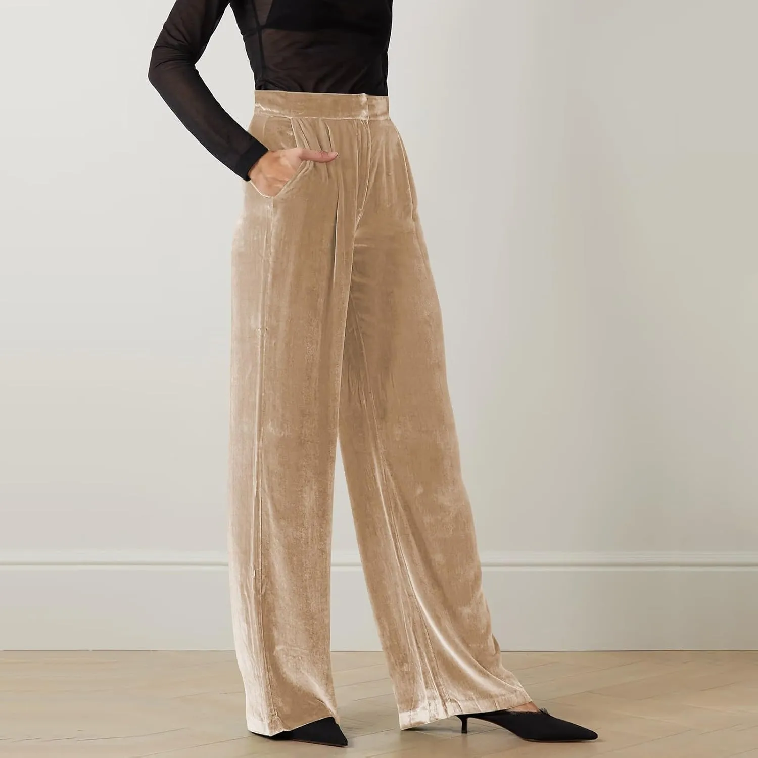 Women Golden Velvet Wide Leg Pants Casual Solid Color Loose Pants High Waist Trousers