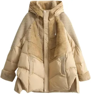 Women Hooded Parker Loose Down Jacket Knitting Patchwork Warm Coat Cotton Padded Jacket Outerwear beige khaki L