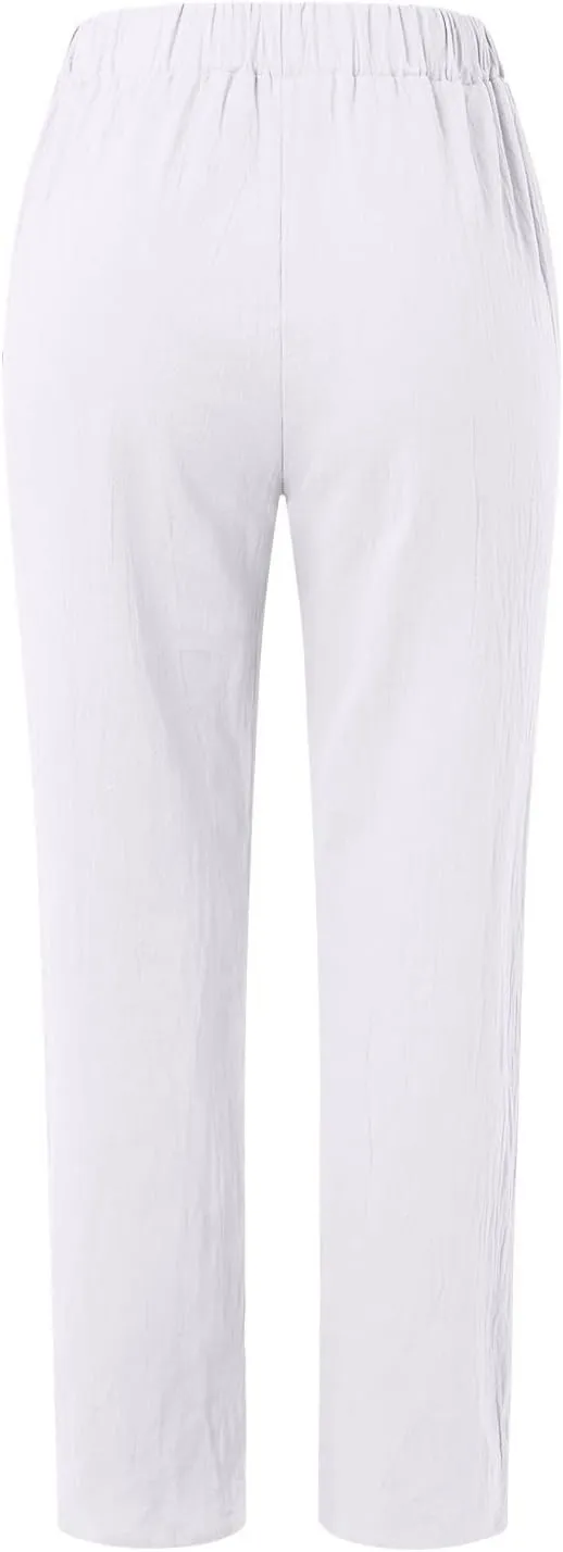 Women Linen Blend Summer Trendy Pant Trousers Elastic Waist Ankle Length Slim Fit Pant Trousers Beach