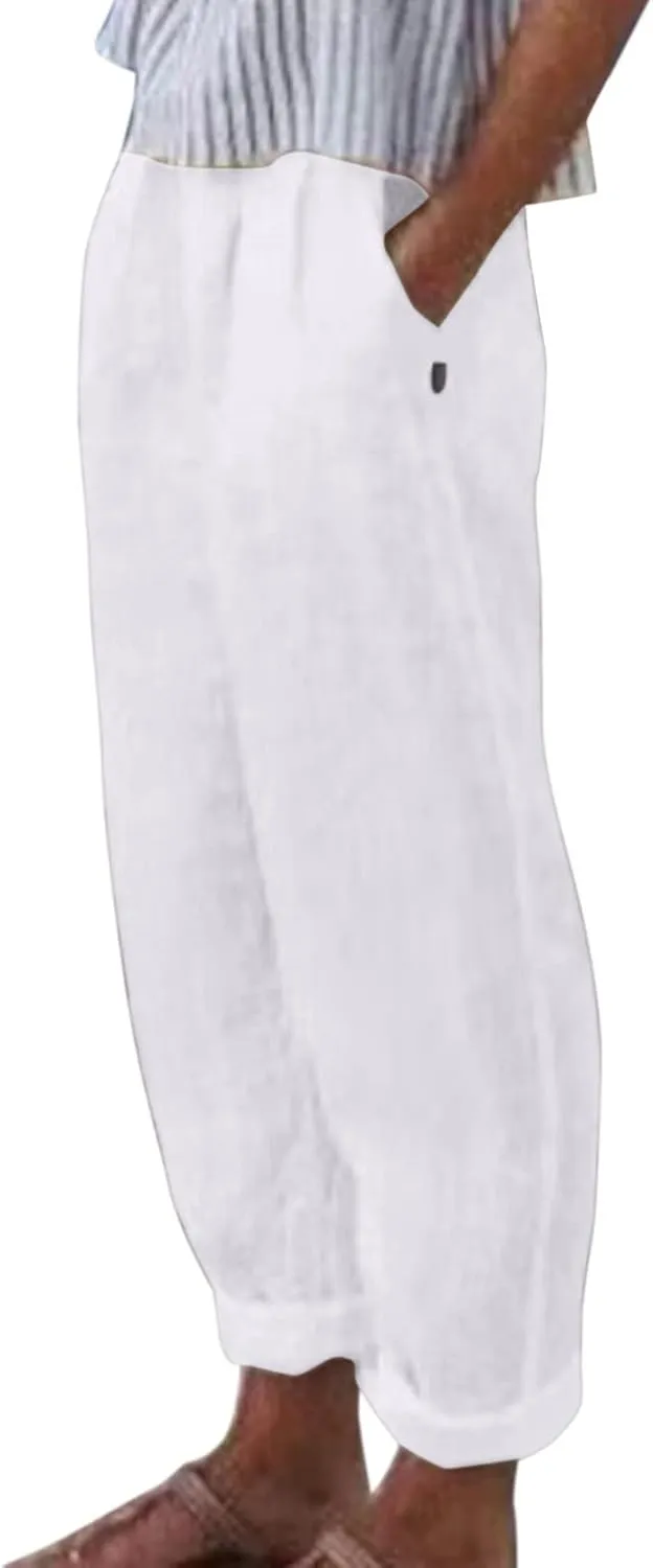 Women Linen Blend Summer Trendy Pant Trousers Elastic Waist Ankle Length Slim Fit Pant Trousers Beach
