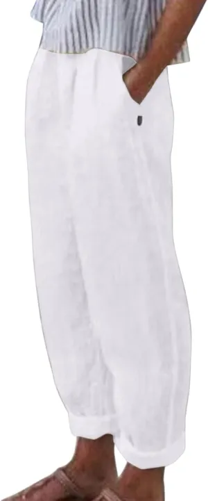 Women Linen Blend Summer Trendy Pant Trousers Elastic Waist Ankle Length Slim Fit Pant Trousers Beach