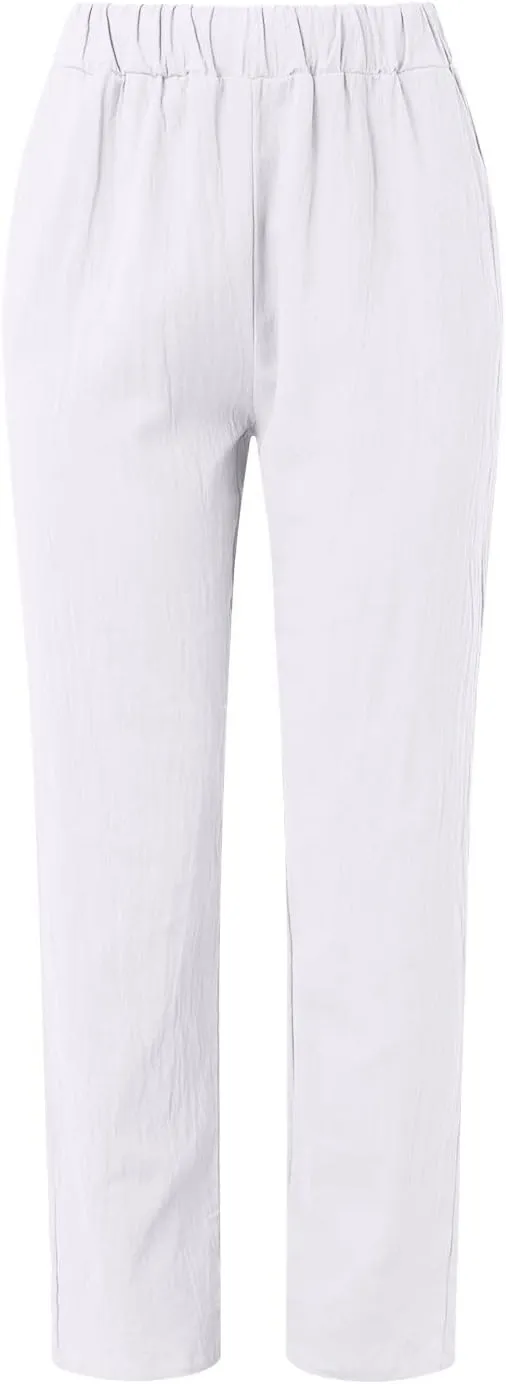 Women Linen Blend Summer Trendy Pant Trousers Elastic Waist Ankle Length Slim Fit Pant Trousers Beach