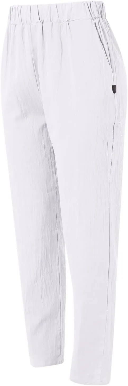 Women Linen Blend Summer Trendy Pant Trousers Elastic Waist Ankle Length Slim Fit Pant Trousers Beach