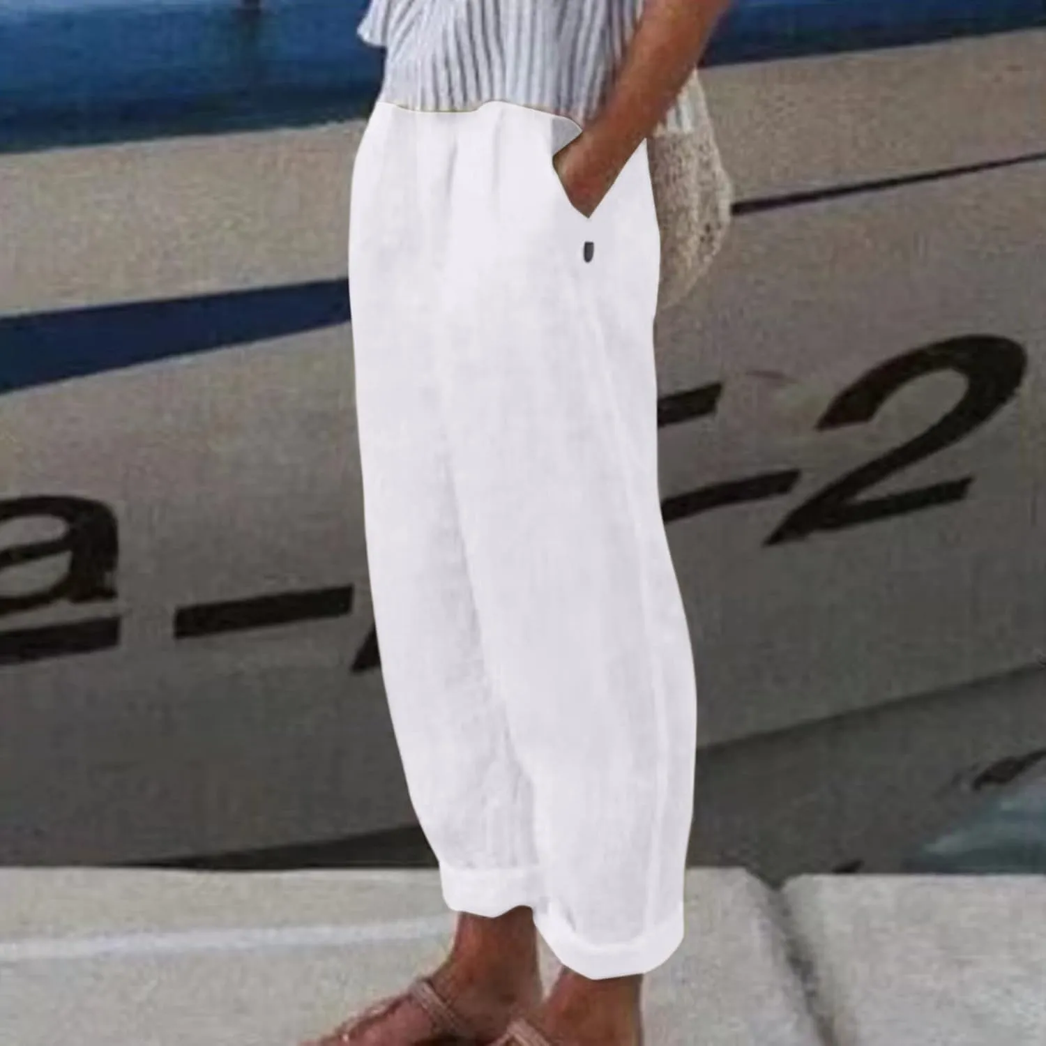 Women Linen Blend Summer Trendy Pant Trousers Elastic Waist Ankle Length Slim Fit Pant Trousers Beach