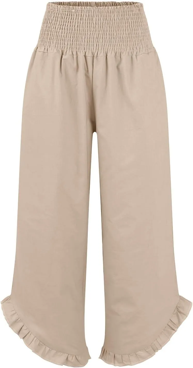 Women Linen Palazzo Pants 2025 Summer High Waisted Wide Leg Pant Pleated Beach Travel Trousers with Pockets